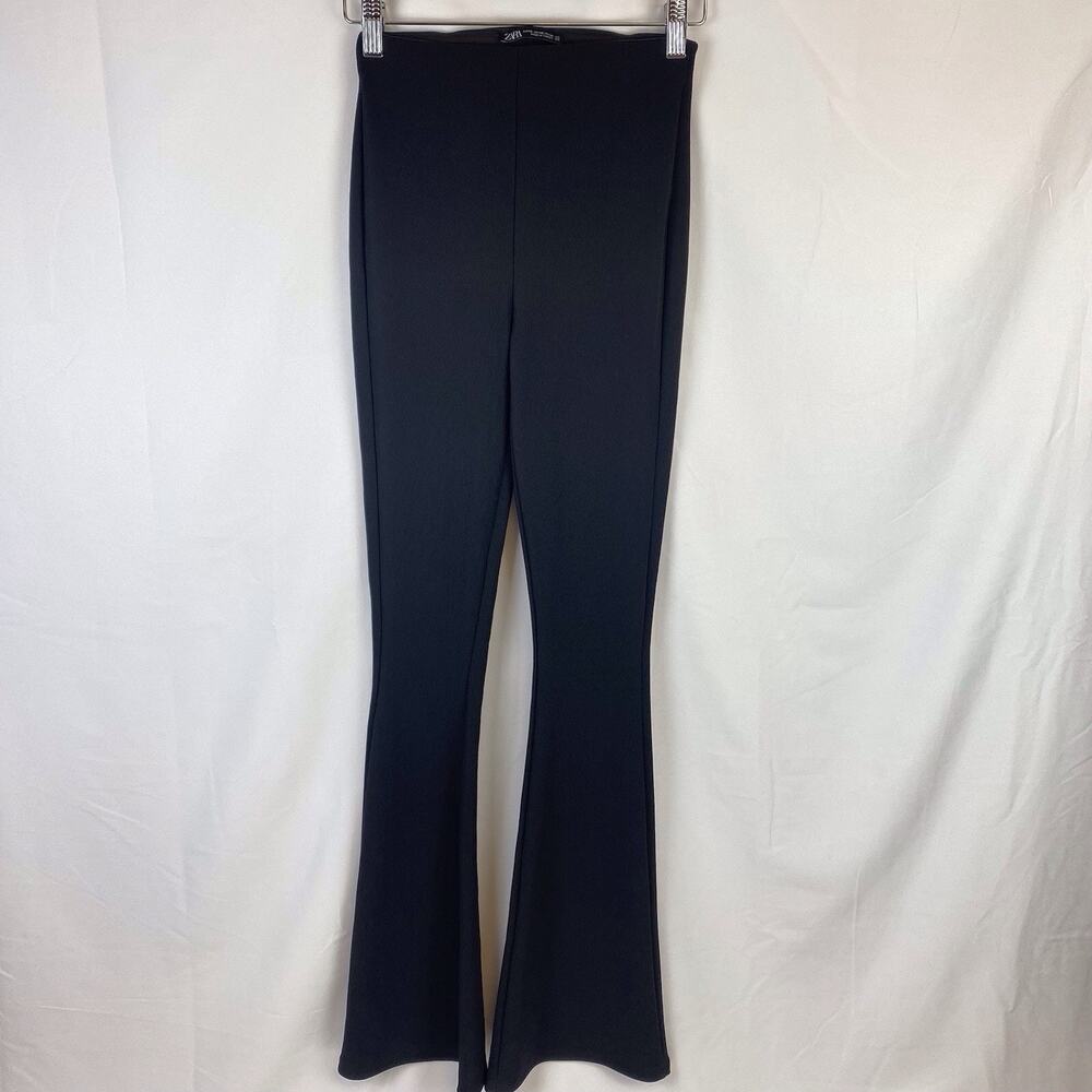 Zara Black Ribbed Flare Stretch Pull On Elastic Waist High Rise Pants Size XS